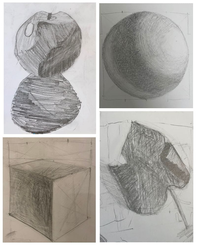 Four graphite studies by Kiko: apples, a sphere, a cube and a leaf.