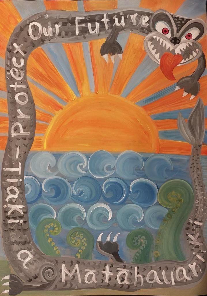 Masha's colourful winning entry for the Great Kiwi Poster competition, a sunrise over the sea framed by a taniwha.