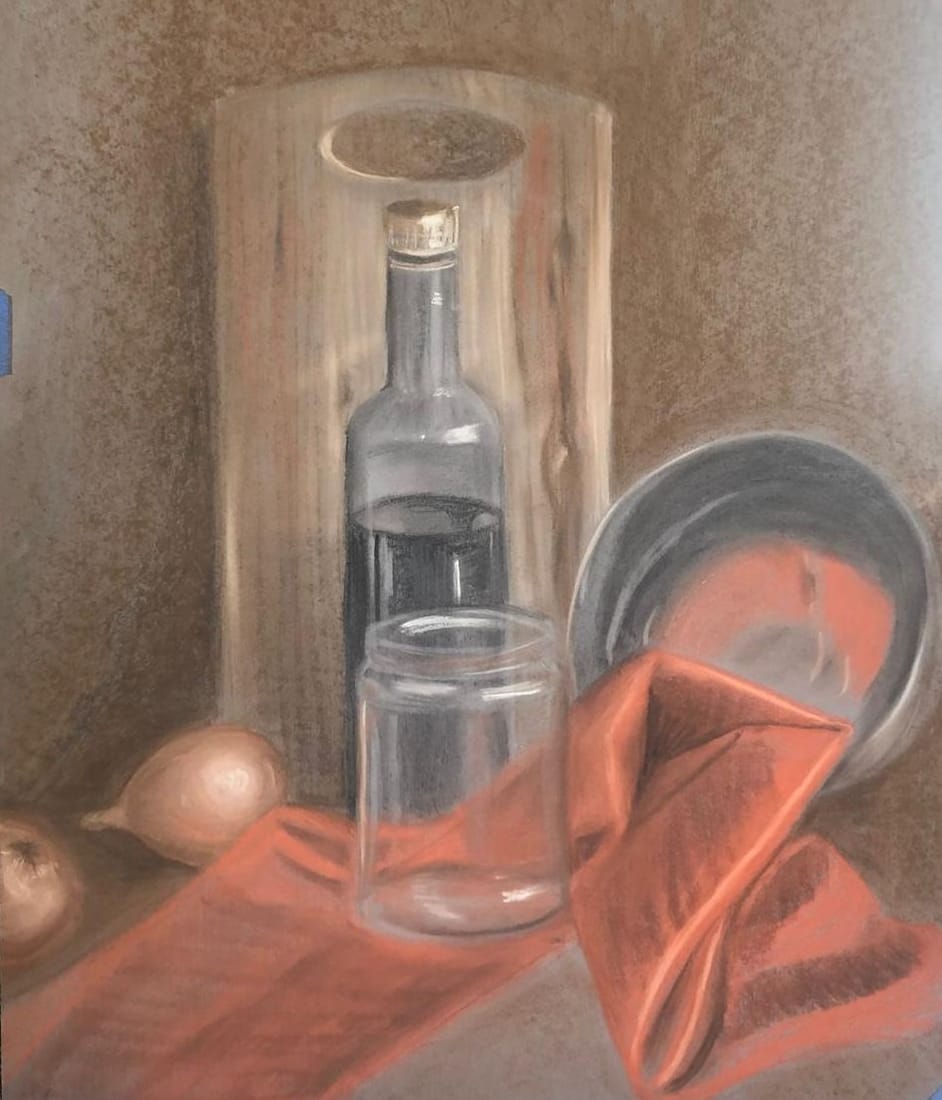 Colour still-life study by Svetlana: a bottle, glass jar and plate on red drapery.