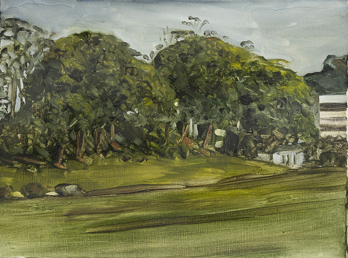 Oil painting of a dense treeline over a green lawn in soft overcast light.