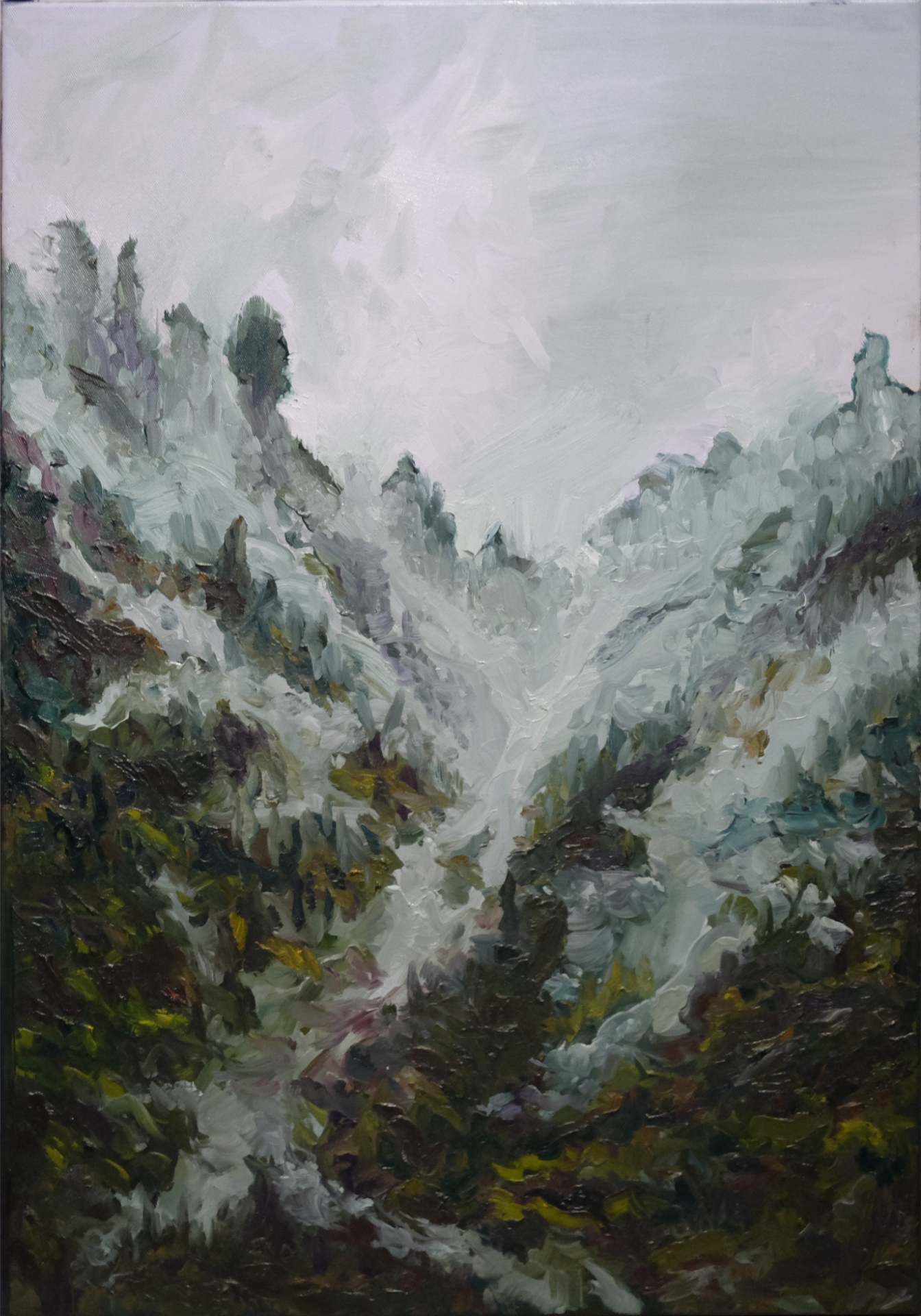 Oil painting of a misty forested valley in high-key greys and greens.