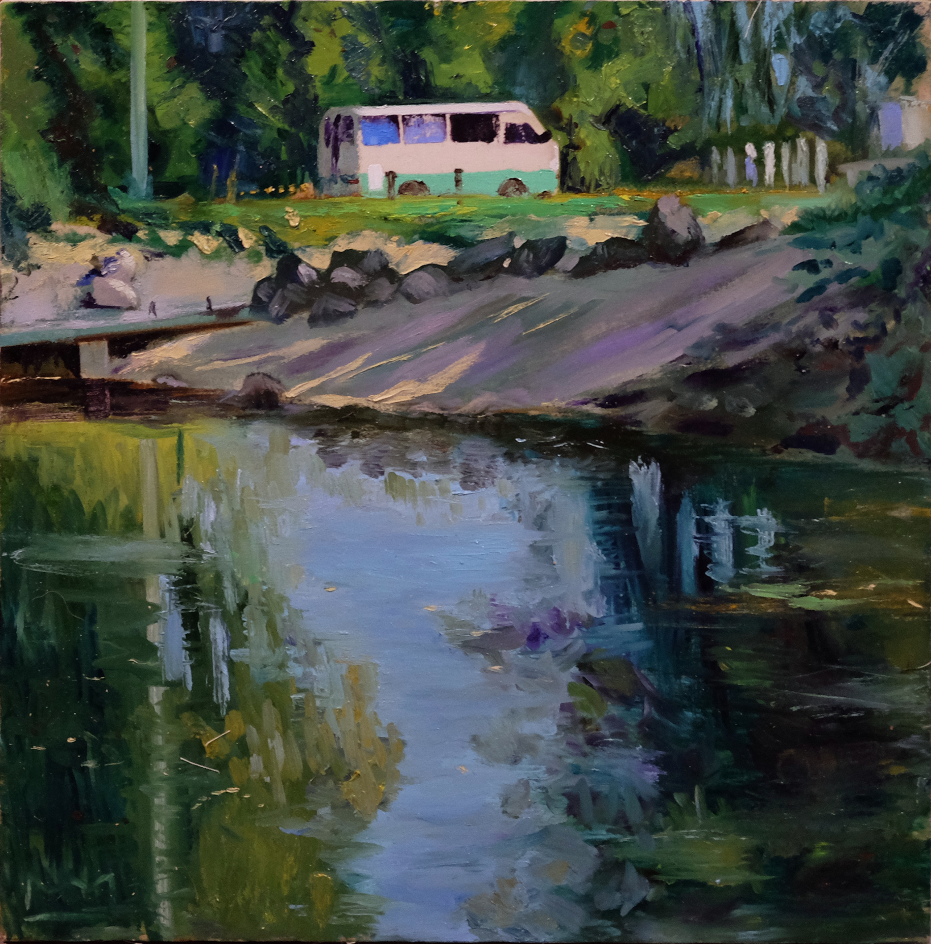 Oil painting of a cream and green campervan by trees above a reflective pond.