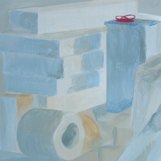 Monochromatic still life of white objects, in the studio beside its setup.