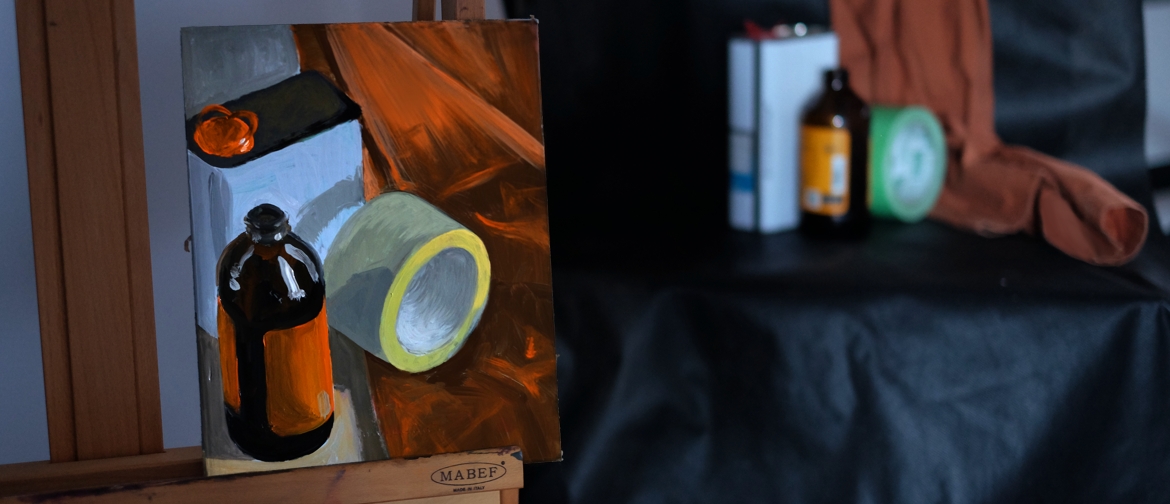 Still life painted from three tubes and white, in the studio beside its setup.