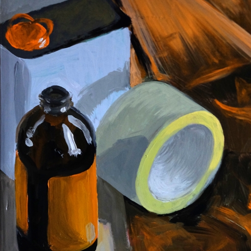 Still life painted from three tubes and white, in the studio beside its setup.